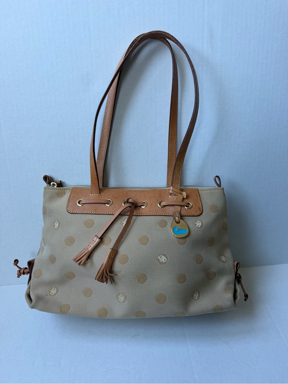Vintage Dooney & Bourke Y2K Polka Dot Tassel Tote Bag Duck Charm Tan Canvas